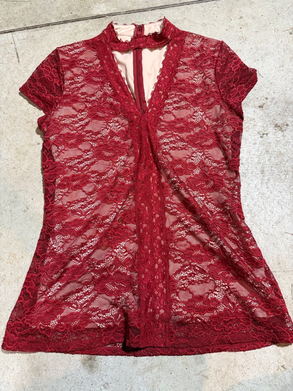 Express Red Sheer Lace Short-Sleeve Blouse